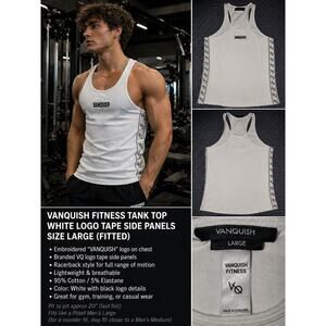 Vanquish Fitness Tank Top White Logo Tape Side Panels Embroidered Size L